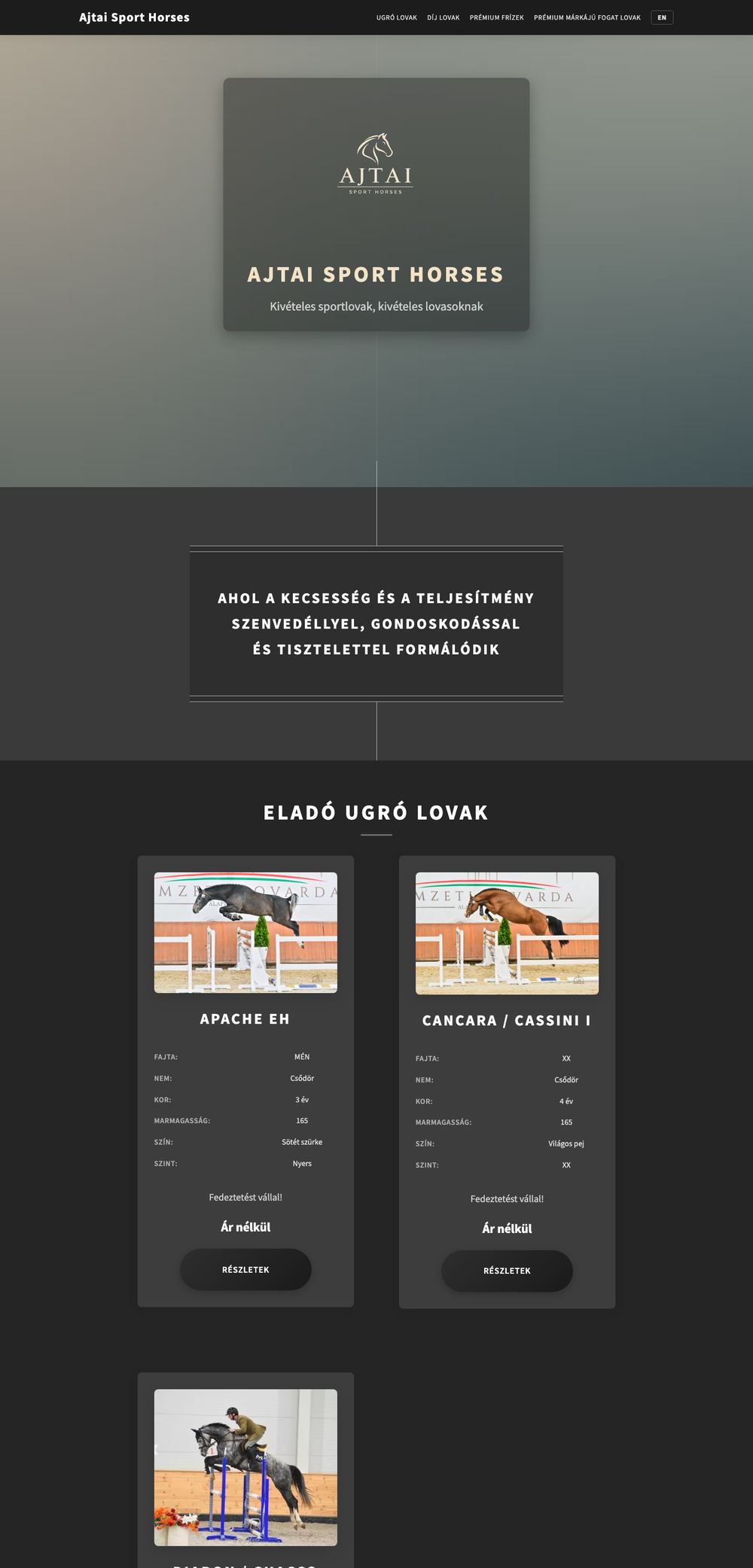 Az Ajtai Sport Horses weboldal képernyőképe